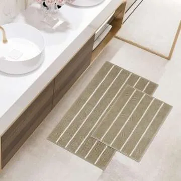 FRESHMINT Stripe Chenille Bathroom Rugs Set 2 Piece 17"x24"+20"x32", Water Absorbent Soft Bath Mat for Bathroom, Non Slip Bath Rug Washable Quick Dry Shower Mats, Beige and White