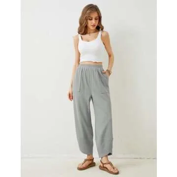 Himosyber Women Cotton Pants Wide Leg Pants Casual Loose Drawstring Low Waist Beach Palazzo Harem Pants (Lightgrey-S)