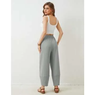 Himosyber Women Cotton Pants Wide Leg Pants Casual Loose Drawstring Low Waist Beach Palazzo Harem Pants (Lightgrey-S)