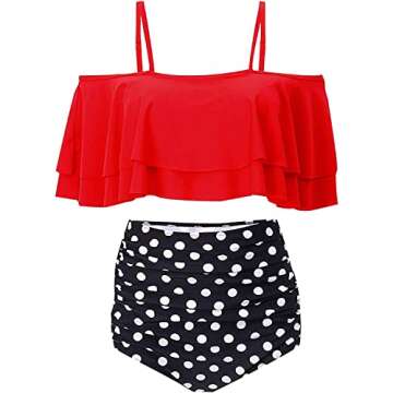Tempt Me Women Red Two Piece High Waisted Bikini Set Swimsuit Off Shoulder Ruffle Bathing Suits Tumm...