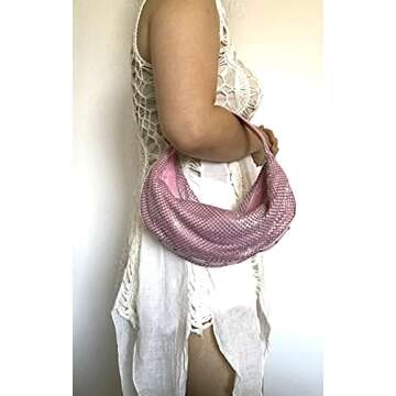 Womens Hand carry Hobo Bag clutch metal mesh evening purse for Cocktail Party Prom Wedding Banquet (Pink)