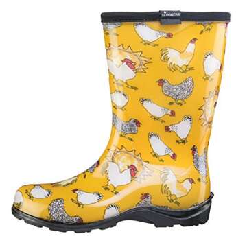 Sloggers Waterproof Garden Rain Boots for Women - Cute Mid-Calf Mud & Muck Boots with Premium Comfort Support Insole, (Chickens Daffodil Yellow), (Size 8)