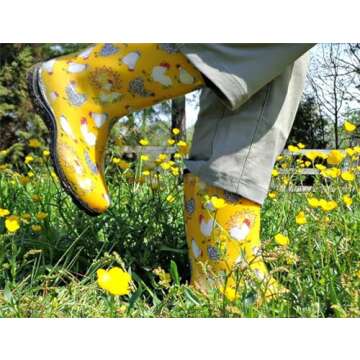 Sloggers Waterproof Garden Rain Boots for Women - Cute Mid-Calf Mud & Muck Boots with Premium Comfort Support Insole, (Chickens Daffodil Yellow), (Size 8)