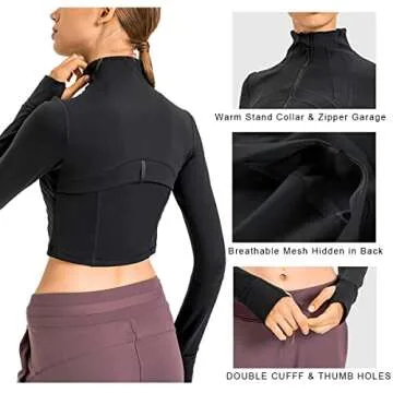 KTILG Women Yoga Jacket Zip Up Pullover Cropped Athletic Long Sleeve Running Seamless Gym Top with Thumb Holes