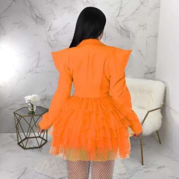 Women’s Semi Formal Mesh Puff Long Sleeve V Neck Dress Tulle A Line Business Mini Dress for Office Orange M
