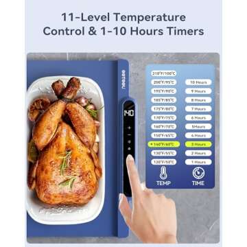 Food Warming Mat - Upgrade Electric Warming Tray with 11 Temp Levels & 10 Hours Timer, Fast & Full Surface Heating, Roll Up Silicone Heating Mat for Food, Versatile Food Warmer for Parties Buffet