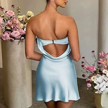 Argeousgor Women Spaghetti Strap Satin Dress Sexy Backless Mini Slip Dress Open Back Cami Dress Party Clubwear Tiktok Dress