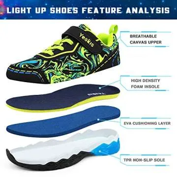 YESKIS Kids Light Up Shoes for Boys Camoio LED Flashing Lightweight Mesh Breathable Adorable Running Tennis Sneakers for Toddler Black Size 8