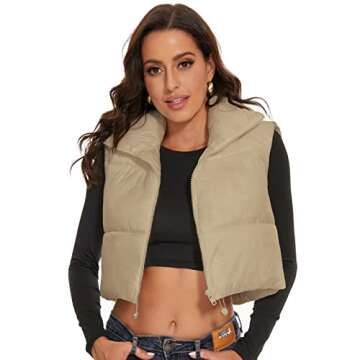 ELFJOY Cropped Puffer Vest Winter Sleeveless Womens Vests Outerwear Warm Stand Collar Padded Puffy Vests