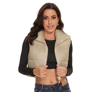 ELFJOY Cropped Puffer Vest Winter Sleeveless Womens Vests Outerwear Warm Stand Collar Padded Puffy Vests
