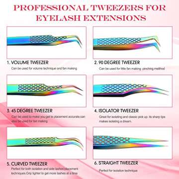 7 Pcs Eyelash Extension Tweezers Set Diamond Grip Lash Tweezer for Eyelash Extensions Japanese Stainless Steel Straight and Curved Tip Precision Tweezers Kits for Profession and Beginner (Colorful)