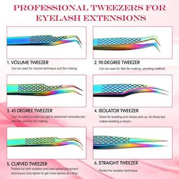 7 Pcs Eyelash Extension Tweezers Set Diamond Grip Lash Tweezer for Eyelash Extensions Japanese Stainless Steel Straight and Curved Tip Precision Tweezers Kits for Profession and Beginner (Colorful)
