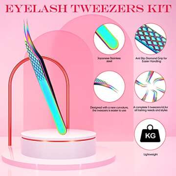 7 Pcs Eyelash Extension Tweezers Set Diamond Grip Lash Tweezer for Eyelash Extensions Japanese Stainless Steel Straight and Curved Tip Precision Tweezers Kits for Profession and Beginner (Colorful)