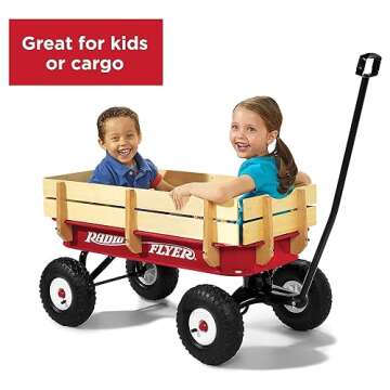 Radio Flyer Full Size All Terrain Classic Steel Pull Along Wagon with Foldable Handle and Wooden Stake Sides for Kids and Cargo, Red