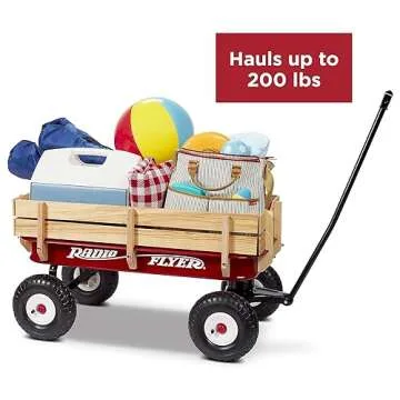 Radio Flyer Full Size All Terrain Classic Steel Pull Along Wagon with Foldable Handle and Wooden Stake Sides for Kids and Cargo, Red