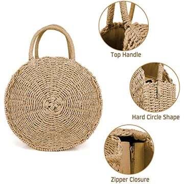 Women Straw Summer Beach Bag Handwoven Round Rattan Bag Cross Body Bag Shoulder Messenger Satchel with Handle Khaki