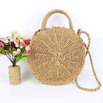 Women Straw Summer Beach Bag Handwoven Round Rattan Bag Cross Body Bag Shoulder Messenger Satchel with Handle Khaki