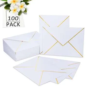 Epakh 100 Pack A7 Envelopes with Gold Border 5 x 7 Envelopes for Invitations V Flap Self Adhesive Thick Mailing for Office Wedding Greeting Cards Birthday Bridal Shower Graduation Parties(White)