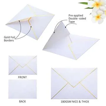 Epakh 100 Pack A7 Envelopes with Gold Border 5 x 7 Envelopes for Invitations V Flap Self Adhesive Thick Mailing for Office Wedding Greeting Cards Birthday Bridal Shower Graduation Parties(White)