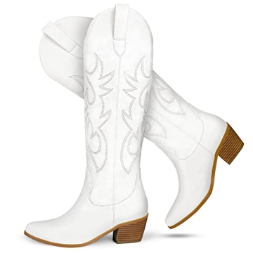 STALOV White Cowgirl Boots Western Cowboy Boots for Women,Wide Calf Knee High Boots Embroidered Poin...