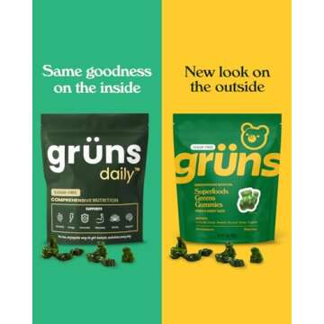 Gruns Adult Sugar-Free Super Greens Gummies - Superfood Gummy Bears with Spirulina, Chlorella & Prebiotics for Digestive Health - Adaptogens Supplement with 20 Vitamins & Minerals - 1 Month Supply