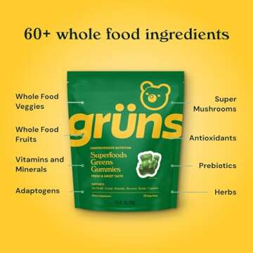 Gruns Adult Sugar-Free Super Greens Gummies - Superfood Gummy Bears with Spirulina, Chlorella & Prebiotics for Digestive Health - Adaptogens Supplement with 20 Vitamins & Minerals - 1 Month Supply