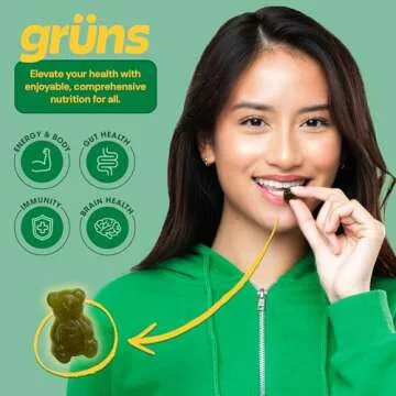 Gruns Adult Sugar-Free Super Greens Gummies - Superfood Gummy Bears with Spirulina, Chlorella & Prebiotics for Digestive Health - Adaptogens Supplement with 20 Vitamins & Minerals - 1 Month Supply
