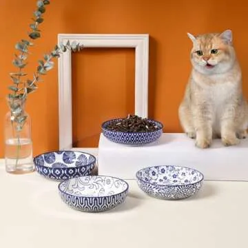 Selamica Ceramic Cat Food Bowls Set of 4, 5.6 Inch Wide Shallow Cat Bowls/Dishes for Food and Water, 8 OZ Small Flat Cat Feeding Bowls for Relief Whisker Fatigue, Dishwasher Safe, Vintage Blue