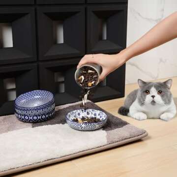 Selamica Ceramic Cat Food Bowls Set of 4, 5.6 Inch Wide Shallow Cat Bowls/Dishes for Food and Water, 8 OZ Small Flat Cat Feeding Bowls for Relief Whisker Fatigue, Dishwasher Safe, Vintage Blue