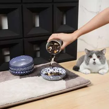 Selamica Ceramic Cat Food Bowls Set of 4, 5.6 Inch Wide Shallow Cat Bowls/Dishes for Food and Water, 8 OZ Small Flat Cat Feeding Bowls for Relief Whisker Fatigue, Dishwasher Safe, Vintage Blue