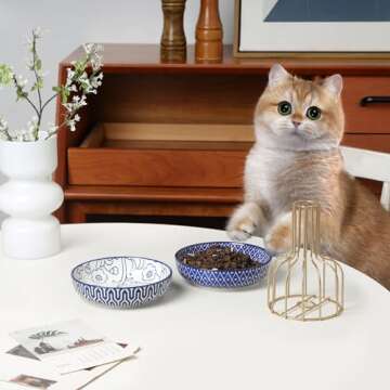 Selamica Ceramic Cat Food Bowls Set of 4, 5.6 Inch Wide Shallow Cat Bowls/Dishes for Food and Water, 8 OZ Small Flat Cat Feeding Bowls for Relief Whisker Fatigue, Dishwasher Safe, Vintage Blue