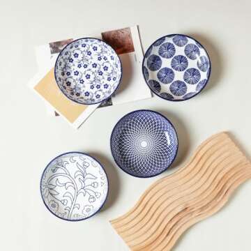 Selamica Ceramic Cat Food Bowls Set of 4, 5.6 Inch Wide Shallow Cat Bowls/Dishes for Food and Water, 8 OZ Small Flat Cat Feeding Bowls for Relief Whisker Fatigue, Dishwasher Safe, Vintage Blue