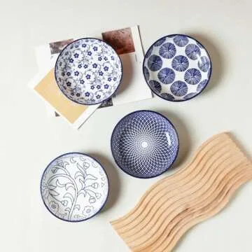 Selamica Ceramic Cat Food Bowls Set of 4, 5.6 Inch Wide Shallow Cat Bowls/Dishes for Food and Water, 8 OZ Small Flat Cat Feeding Bowls for Relief Whisker Fatigue, Dishwasher Safe, Vintage Blue