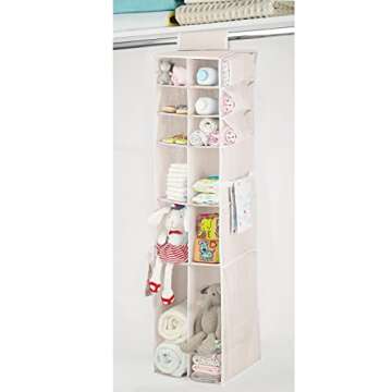 mDesign Long Soft Fabric Over Closet Rod Hanging Storage Organizer with 12 Divided Shelves, Side Pockets for Child/Kids Room or Nursery, Store Diapers, Wipes, Lotions, Toys - Cream/White