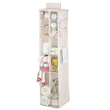 mDesign Long Soft Fabric Over Closet Rod Hanging Storage Organizer with 12 Divided Shelves, Side Pockets for Child/Kids Room or Nursery, Store Diapers, Wipes, Lotions, Toys - Cream/White