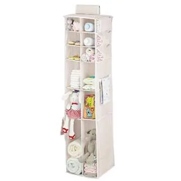 mDesign Long Soft Fabric Over Closet Rod Hanging Storage Organizer with 12 Divided Shelves, Side Pockets for Child/Kids Room or Nursery, Store Diapers, Wipes, Lotions, Toys - Cream/White