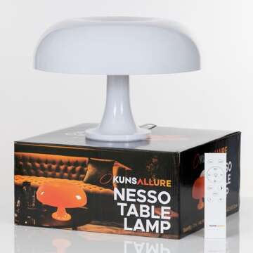White Mushroom Lamp - Retro Nesso Table Lamp with Remote That Works Up to 65ft Away - Dimmable White Lamp - Mid-Century 70s Funky Lamp for Desk (White)