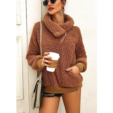 KIRUNDO Women's 2025 Winter Lapel Fuzzy Fleece Sweatshirt Faux Shearling Zipper Warm Sherpa Pullover Outwear With Pockets(Large, Khaki)