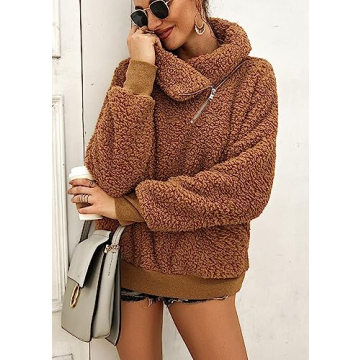 KIRUNDO Women's 2025 Winter Lapel Fuzzy Fleece Sweatshirt Faux Shearling Zipper Warm Sherpa Pullover Outwear With Pockets(Large, Khaki)