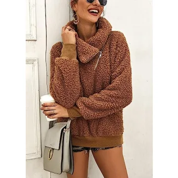 KIRUNDO Women's 2025 Winter Lapel Fuzzy Fleece Sweatshirt Faux Shearling Zipper Warm Sherpa Pullover Outwear With Pockets(Large, Khaki)