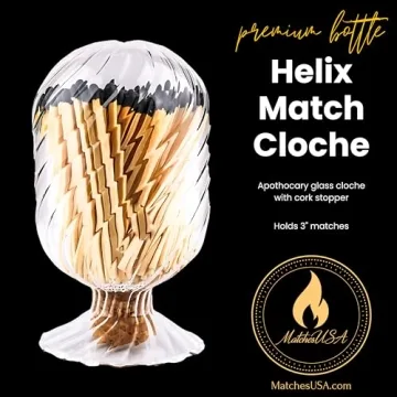 Helix Shaped Glass Matches Cloche | Includes Color Matches & Free Striker Strip!!! | Spiral Decorative Match Holder Jar for Candles Set Display (Black Matches)
