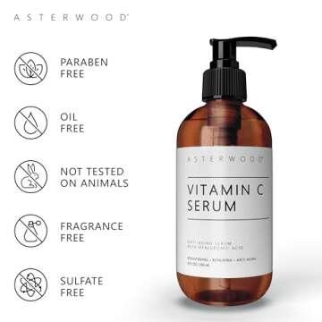 Asterwood Vitamin C Face Serum - with Hyaluronic Acid - Smoothing, Hydrating, Stimulates Collagen Production - Fragrance-Free - 8 Fl Oz