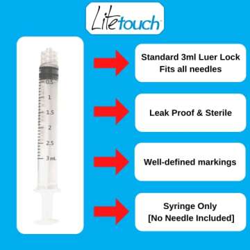 LiteTouch 3mL Luer Lock Syringe - Sterile & Individually Sealed - 100 per Box