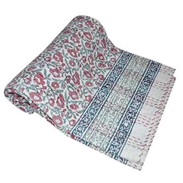 YUVANCRAFTS Indian Hand Block Floral Print Kantha Quilt Handmade Vintage Queen Size Cotton Kantha Throw Blanket Bedspread (Multi Floral, Twin Size)