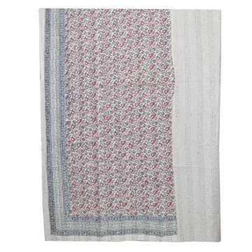 YUVANCRAFTS Indian Hand Block Floral Print Kantha Quilt Handmade Vintage Queen Size Cotton Kantha Throw Blanket Bedspread (Multi Floral, Twin Size)