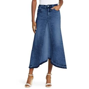 Fisoew Womens Denim Maxi Skirt Casual High Waist A-Line Frayed Irregular Hem Long Jean Skirt