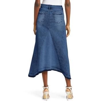 Fisoew Womens Denim Maxi Skirt Casual High Waist A-Line Frayed Irregular Hem Long Jean Skirt