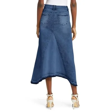 Fisoew Womens Denim Maxi Skirt Casual High Waist A-Line Frayed Irregular Hem Long Jean Skirt
