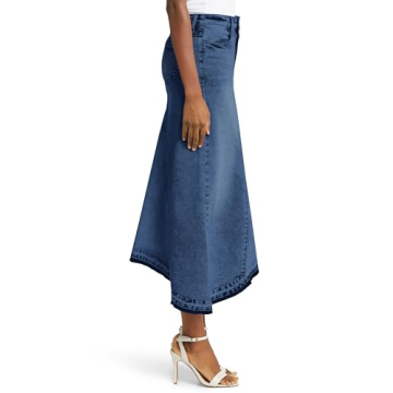 Fisoew Womens Denim Maxi Skirt Casual High Waist A-Line Frayed Irregular Hem Long Jean Skirt