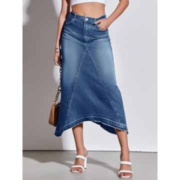 Fisoew Womens Denim Maxi Skirt Casual High Waist A-Line Frayed Irregular Hem Long Jean Skirt